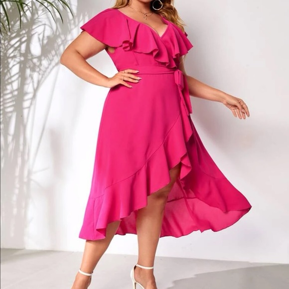 Boho Plus Size Ruffle Hem Wrap Belted Maxi Dress Blue or Pink - Picture 7 of 11